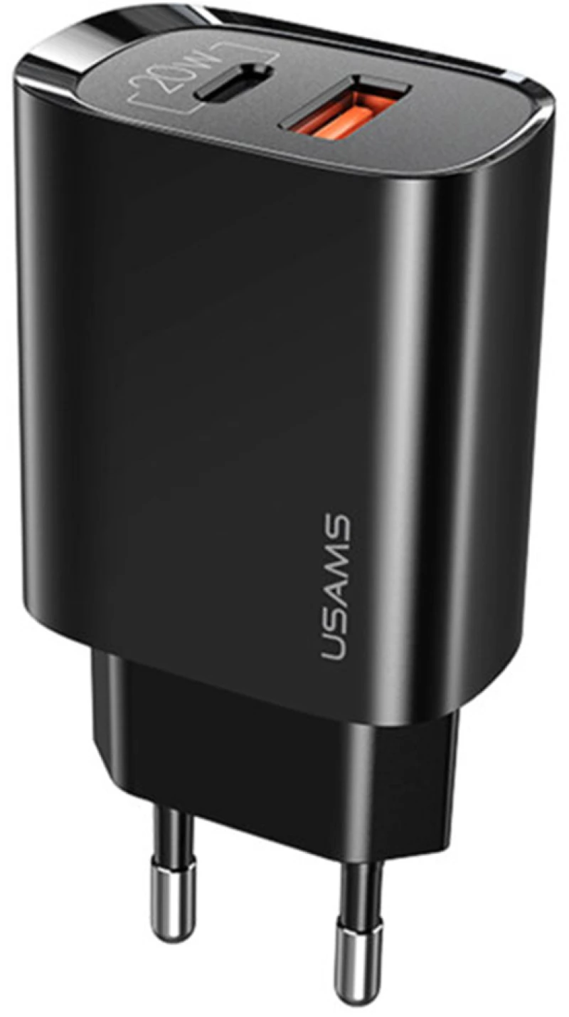 USAMS - Wall Charger T35 (US-CC121) - Dual Port, USB-C PD20W, USB-A QC3.0 - Black