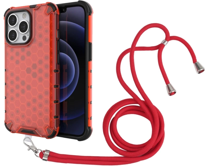 Θήκη Σιλικόνης με Κορδόνι για το Λαιμό Για iPhone 13 Pro - Honeycomb Κόκκινο OEM