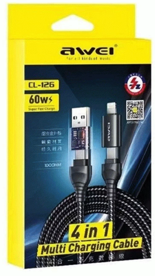 AWEI CL-126 Καλώδιο Φόρτισης και Μεταφοράς Δεδομένων 1Μ DATA CABLE 4 Σε 1 Multi Charging Cable 60W Τype C Σε Type-C (USB / Lightning Αλλαγή Βυσμάτων) Χρώμα : Μαυρο
