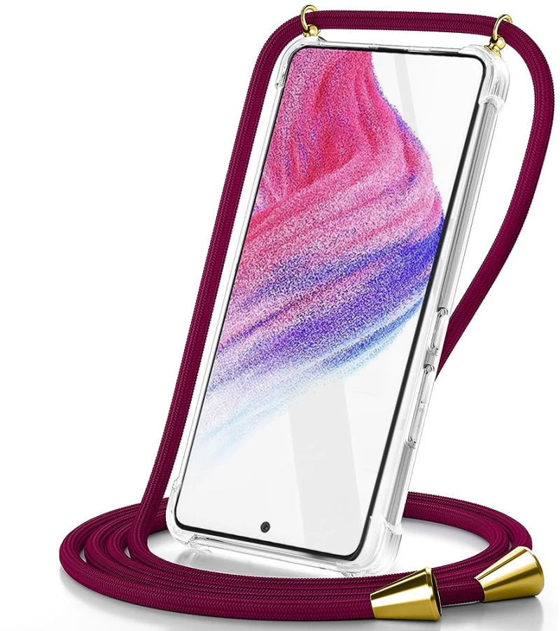 Θήκη Ancus Crossbody για Apple iPhone 15 Διάφανη με Κορδόνι Μπορντώ