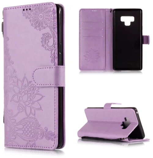 Vintage Embossed Floral Lace Flower Pattern Horizontal Flip Leather Case for Galaxy Note 9, with Card Slot & Holder & Wallet & Lanyard (Purple) (OEM)
