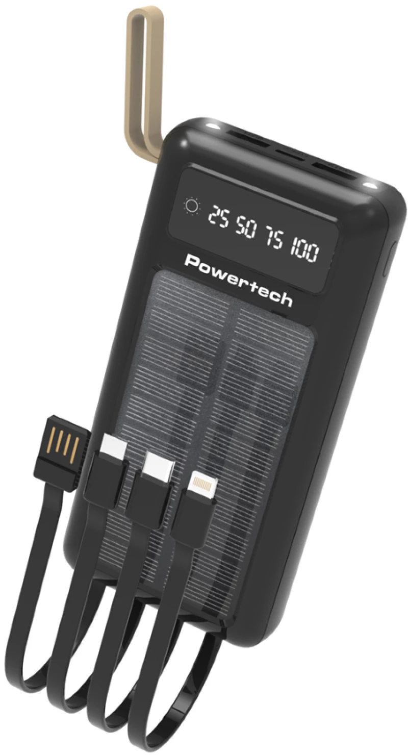 POWERTECH ηλιακό power bank PT-1084 με καλώδια & οθόνη, 20000mAh, μαύρο
