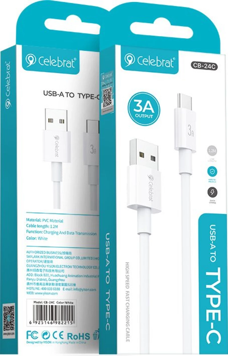 CELEBRAT καλώδιο USB-C σε USB CB-24C, 3A, 1.2m, λευκό