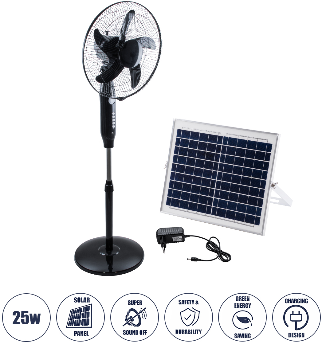 GloboStar® SOLARA-FAN 85356 Solar Fan Αυτόνομος Ηλιακός Επιδαπέδιος Ανεμιστήρας 25W 2 Λειτουργιών Ρεύματος με AC 220-240V ή με Φωτοβολταϊκό Panel 9V 12W & Επαναφορτιζόμενη Μπαταρία Li-ion 7.4V 4400mAh - 3 Ταχύτητες - Ενσωματωμένο USB 2.0 Charger Συσκε