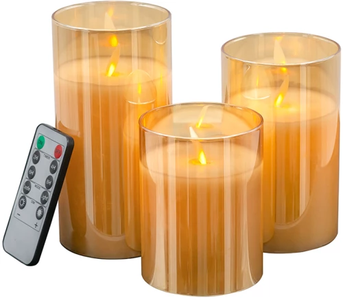Κεριά πορτοκαλί γυαλί-κερί-φλόγα Led  ΣΕΤ/3 με τηλεχειριστήριο 7.6 X 7.6 X 15.2cm Mήκος 7,6 Πλάτος 7,6 Ύψος 15,2 Artekko 470006-AMBE-DS