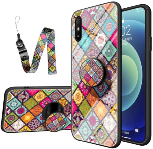 For Xiaomi Redmi 9A Painted Ethnic Pattern Tempered Glass TPU Shockproof Case with Folding Magnetic Holder & Neck Strap(Colorful) (OEM)