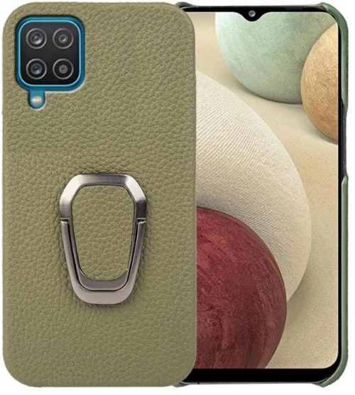 For Samsung Galaxy A12 Ring Holder Litchi Texture Genuine Leather Phone Case(Green) (OEM)