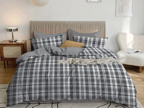 Σετ Σεντόνια Γκρι Καρό Εμπριμέ 100% Βαμβακερά Γαρύφαλλο - 240x260, Χωρίς Λάστιχο