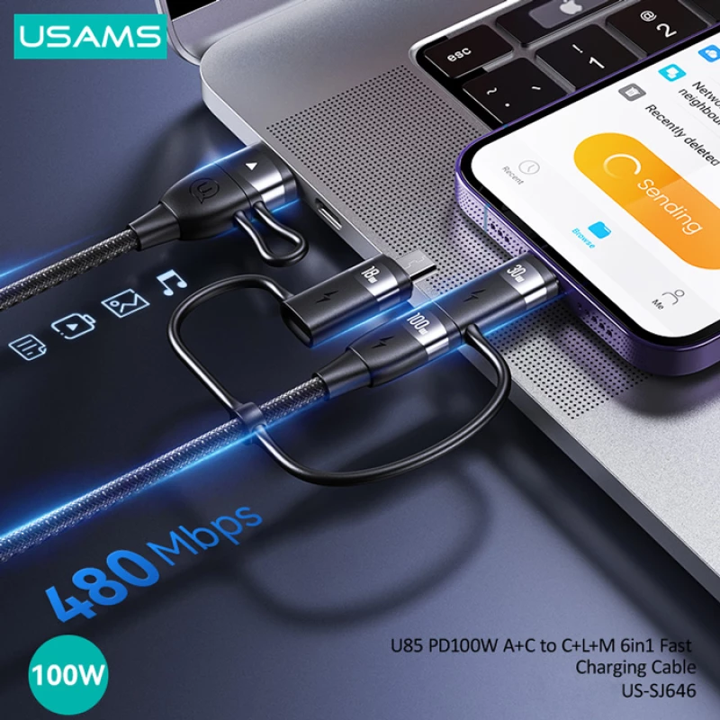 USAMS καλώδιο USB/USB-C σε 3 in 1 US-SJ646  PD 100W  2m  μαύρο