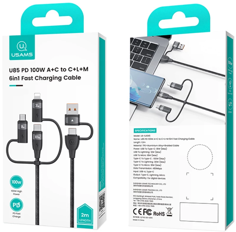 USAMS καλώδιο USB/USB-C σε 3 in 1 US-SJ646  PD 100W  2m  μαύρο