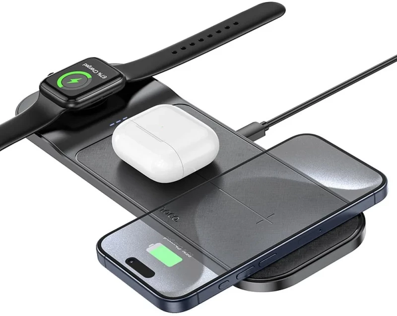 Hoco CQ5 Ultra Thin Wireless Fast Charger 3-in-1 15W Black (Supports Apple Watch)