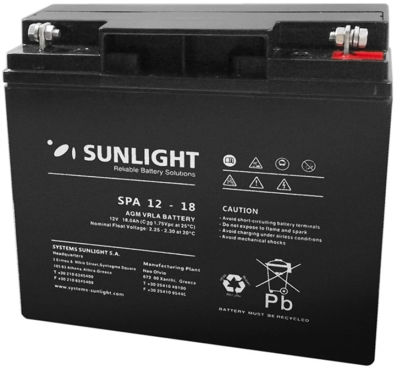 Μπαταρία Sunlight VRLA AGM (12V 18Ah) 4,9kg 175mm x 71mm x 165mm