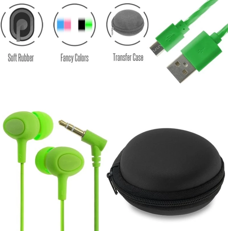 Stereo hi-fi earphones green +θηκη+ usb to micro