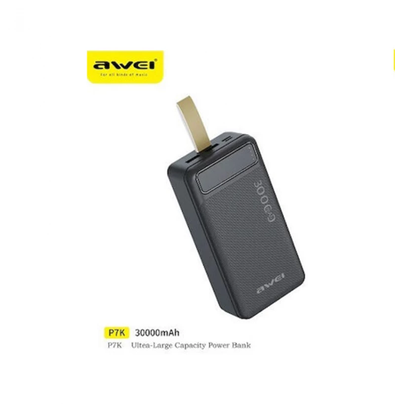 Awei P7K Power Bank 30000mAh με 2 Θύρες USB-A και Θύρα USB-C Μαύρο