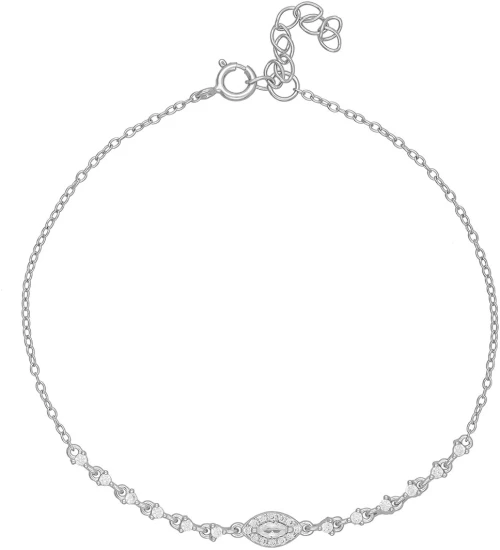 Κομψό βραχιόλι, οβάλ στοιχείο, δεμένο στις άκρες του με πιο φαρδιά αλυσίδα και λευκά ζιργκόν από επιπλατινωμένο ασήμι 925 της Excite Fashion Jewellery. B-7-S