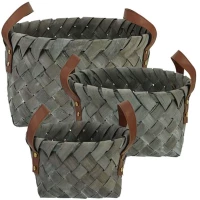 Καλάθια (Σετ 3Τμχ) 05-00-19229 Φ35x20/30x17/25x14cm Grey-Brown Marhome Ψάθα,Δερματίνη