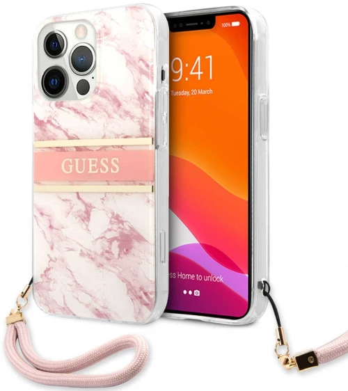 Θήκη Προστασίας iPhone 13 Pro "Marble Collection" GUHCP13LKMABPI Με Κορδονάκι Pink-White Guess