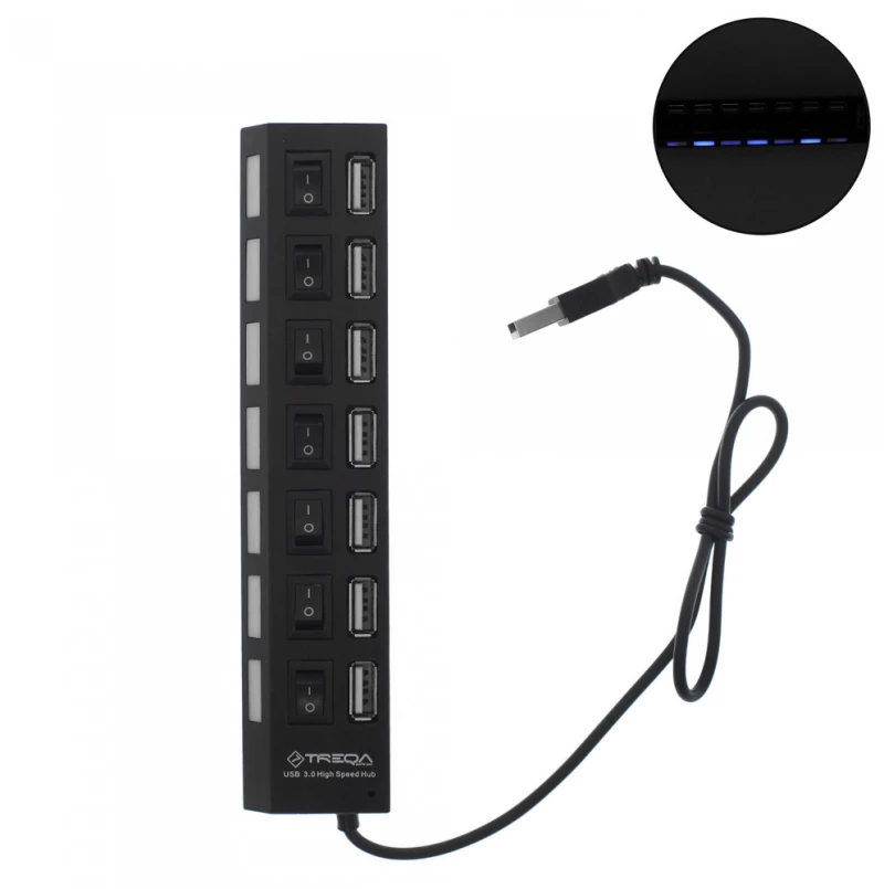 USB Hub 3.0 με 7 Θύρες USB-A και διακόπτες Treqa USB-7 Μαύρο