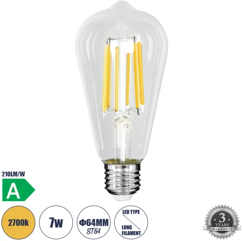 GloboStar® 99090 Λάμπα LED Long Filament E27 ST64 Αχλάδι 7W 1470lm 360° AC 220-240V IP20 Φ6.4 x Υ14.5cm Θερμό Λευκό 2700K με Διάφανο Γυαλί - Pro Series 210lm/W - A Ενεργειακή Κλάση -