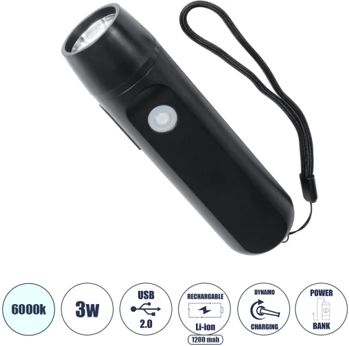 GloboStar® 79021 Φορητός Φακός Χειρός CREE LED 3W 240lm - με Επαναφορτιζόμενη Μπαταρία 1400mAh & Χειροκίνητο Φορτιστή Δυναμό - Ψυχρό Λευκό 6000K - Φ4.1 x Υ15cm