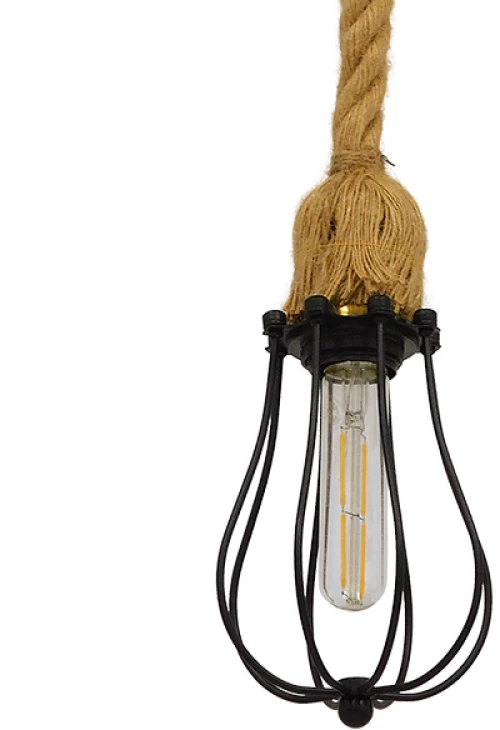 GloboStar® CAMBER 01594 Vintage Industrial Κρεμαστό Φωτιστικό Οροφής Μονόφωτο 1 x E27 Μαύρο Μεταλλικό Πλέγμα με Μπεζ Σχοινί Φ11 x Υ25cm