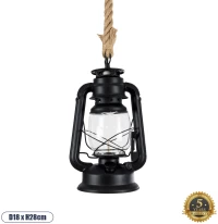 GloboStar® BARBAROSSA 01704 Vintage Κρεμαστό Φωτιστικό Οροφής Μονόφωτο 1 x E27 AC220-240V IP20 - Φ18 x Υ28cm - Μαύρο Μεταλλικό με Διάφανο Γυαλί και Ανάρτηση Σχοινί Τριχιάς -