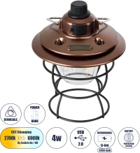 GloboStar® 85697 Αυτόνομο Φανάρι Camping LED 4W USB 2.0 με Επαναφορτιζόμενη Μπαταρία 1 x 18650 2000mAh Li-ion Power Bank IP20 Dimmable Καφέ με Διάφανο Γυαλί CCT Εναλλαγή Φωτισμού μέσω On/Off All In One Ψυχρό 6000K+Φυσικό 4500K+Θερμό 2700K Φ
