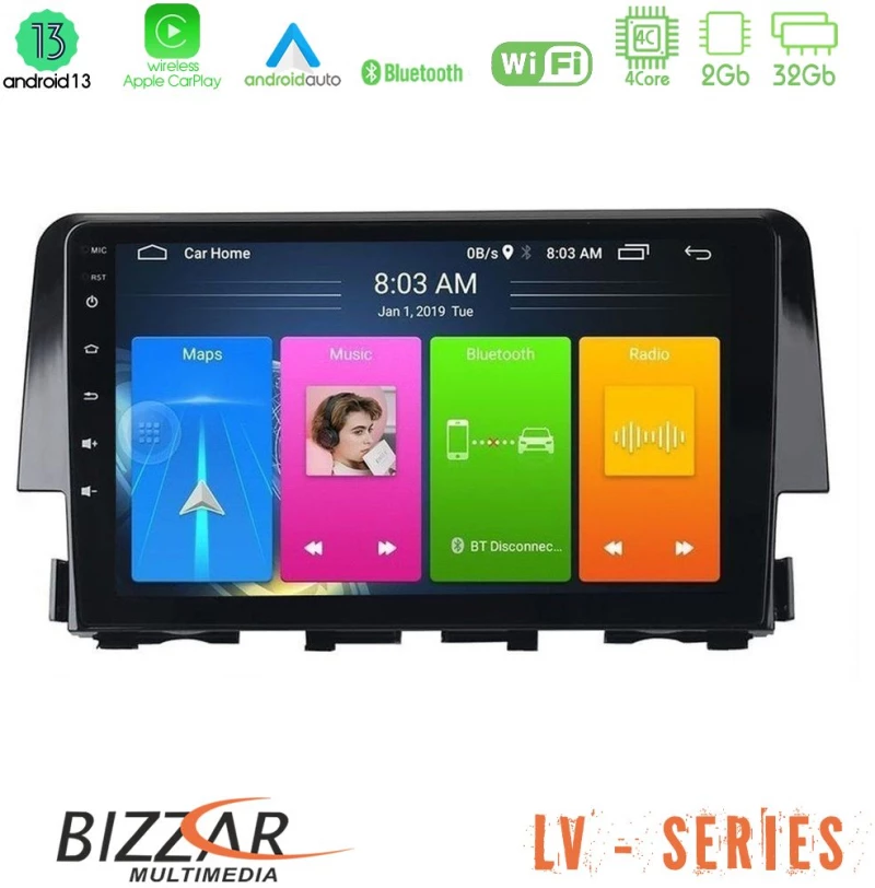 Bizzar LV Series Honda Civic 2016-2020 4Core Android 13 2+32GB Navigation Multimedia Tablet 9"