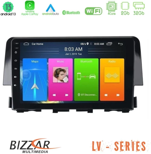 Bizzar LV Series Honda Civic 2016-2020 4Core Android 13 2+32GB Navigation Multimedia Tablet 9"
