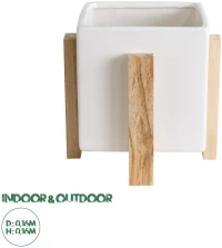 GloboStar® Artificial Garden VALETA 20541 Διακοσμητικό Κεραμικό Κασπώ Γλάστρα - Flower Pot Λευκό με Μπεζ Ξύλο Φ16 x Υ16cm