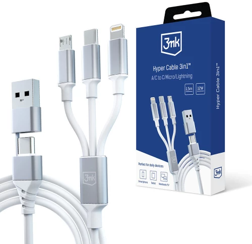 3mk®Hyper Καλώδιο USB-A/C σε USB-C/Micro/Lightning 1.5m-White