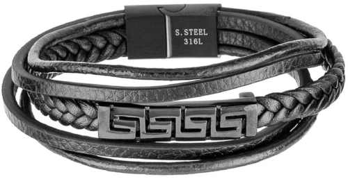 Βραχιόλι Δερμάτινο Μαύρο και ατσάλι Μαίανδρο 22cm με μαγνητικό κούμπωμα Karati 583s