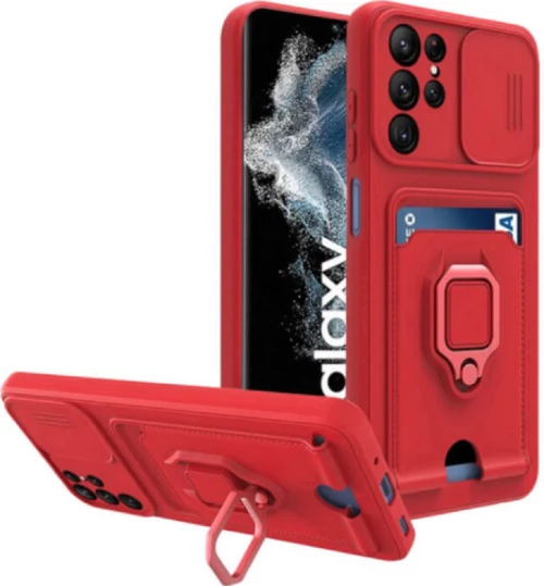 Bodycell Multifunction - Ανθεκτική Θήκη Samsung Galaxy S22 Ultra 5G με Λουράκι Λαιμού / Κάλυμμα Κάμερας / Ring Holder / Υποδοχή Κάρτας - Red (5206015004490)
