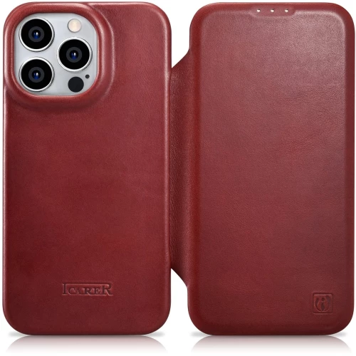 iCarer Curved Edge Oil Wax Leather Folio - Δερμάτινη MagSafe Flip Θήκη-Πορτοφόλι - Apple iPhone 14 Pro Max - Red (AKI14220708-RD)