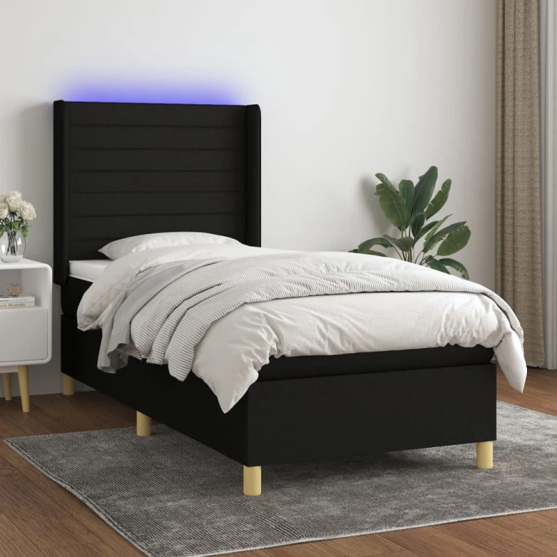 Κρεβάτι Boxspring με Στρώμα & LED Μαύρο 90x200 εκ. Υφασμάτινο Μαύρο 3138927