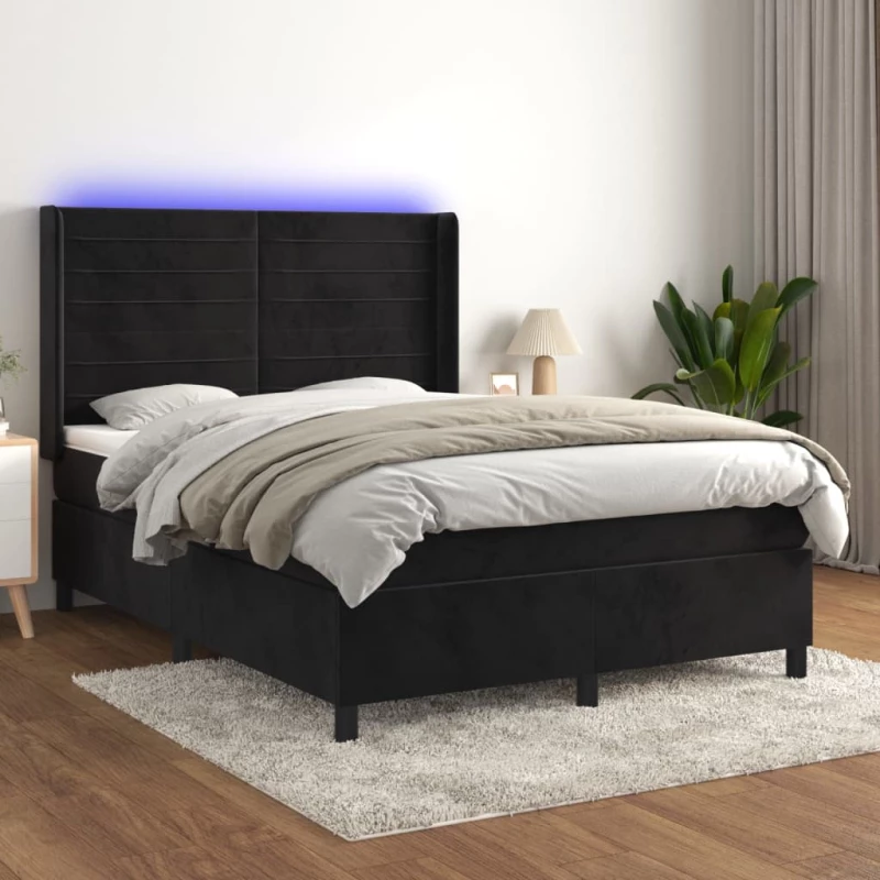 Κρεβάτι Boxspring με Στρώμα & LED Μαύρο 140x190 εκ. Βελούδινο Μαύρο 3139621