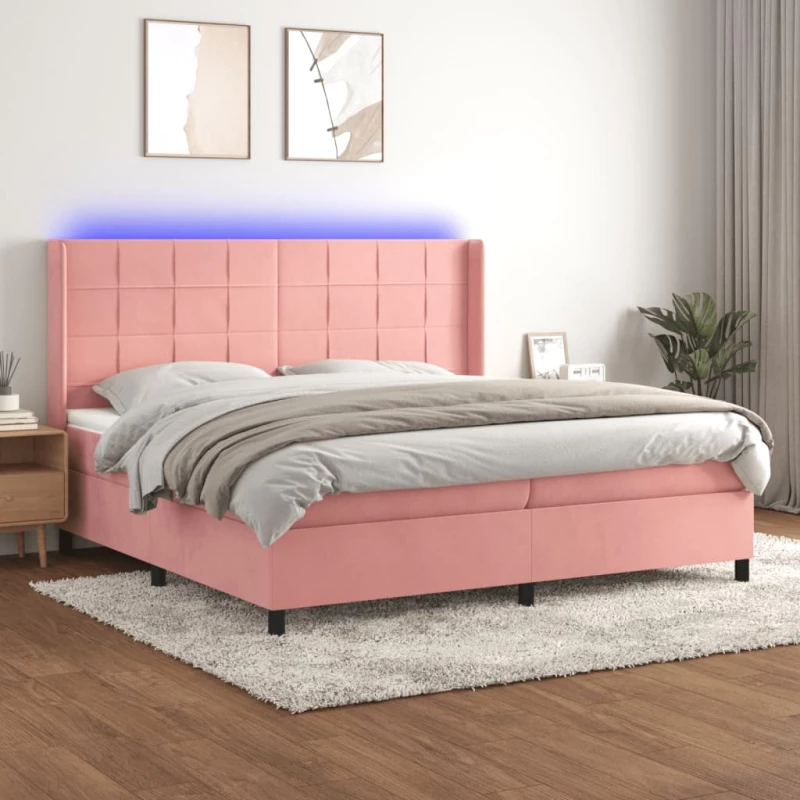 Κρεβάτι Boxspring με Στρώμα & LED Ροζ 200x200 εκ. Βελούδινο Ροζ 3139588