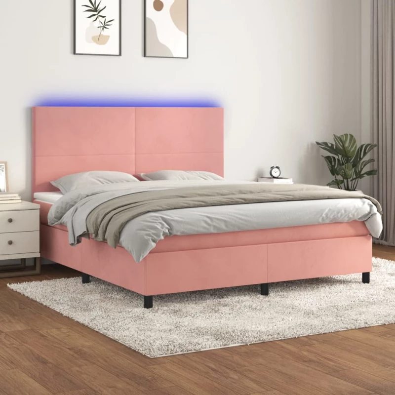 Κρεβάτι Boxspring με Στρώμα & LED Ροζ 160x200 εκ. Βελούδινο Ροζ 3136016