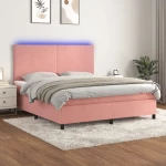 Κρεβάτι Boxspring με Στρώμα & LED Ροζ 160x200 εκ. Βελούδινο Ροζ 3136016