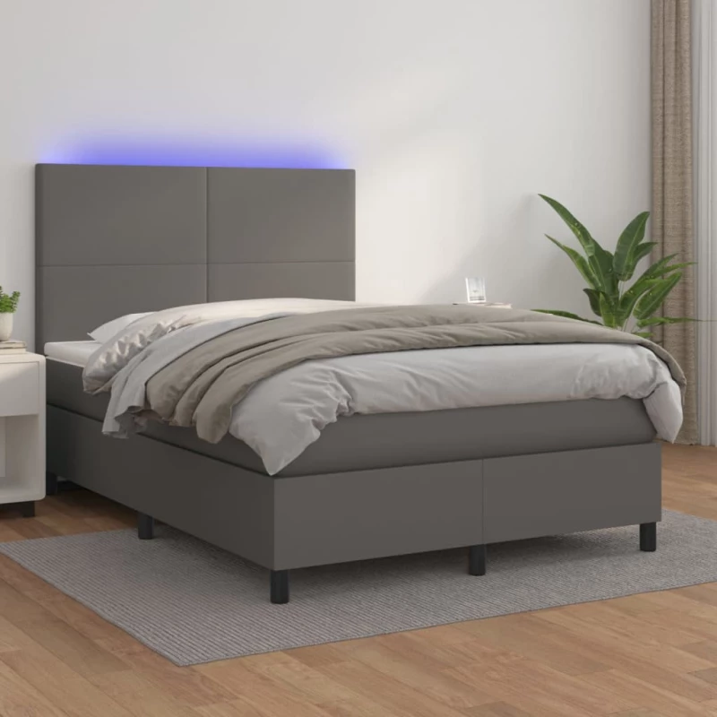 Κρεβάτι Boxspring με Στρώμα & LED Γκρι 140x200 εκ. Συνθ. Δέρμα Γκρι 3135829