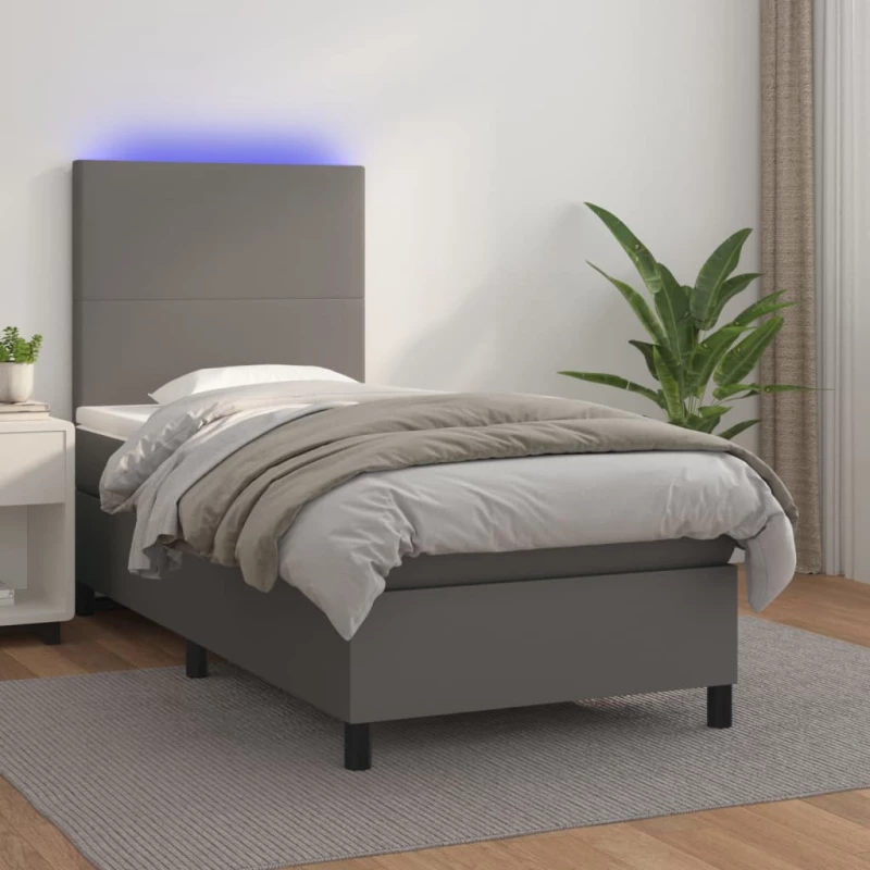 Κρεβάτι Boxspring με Στρώμα & LED Γκρι 100x200 εκ. Συνθ. Δέρμα Γκρι 3135811