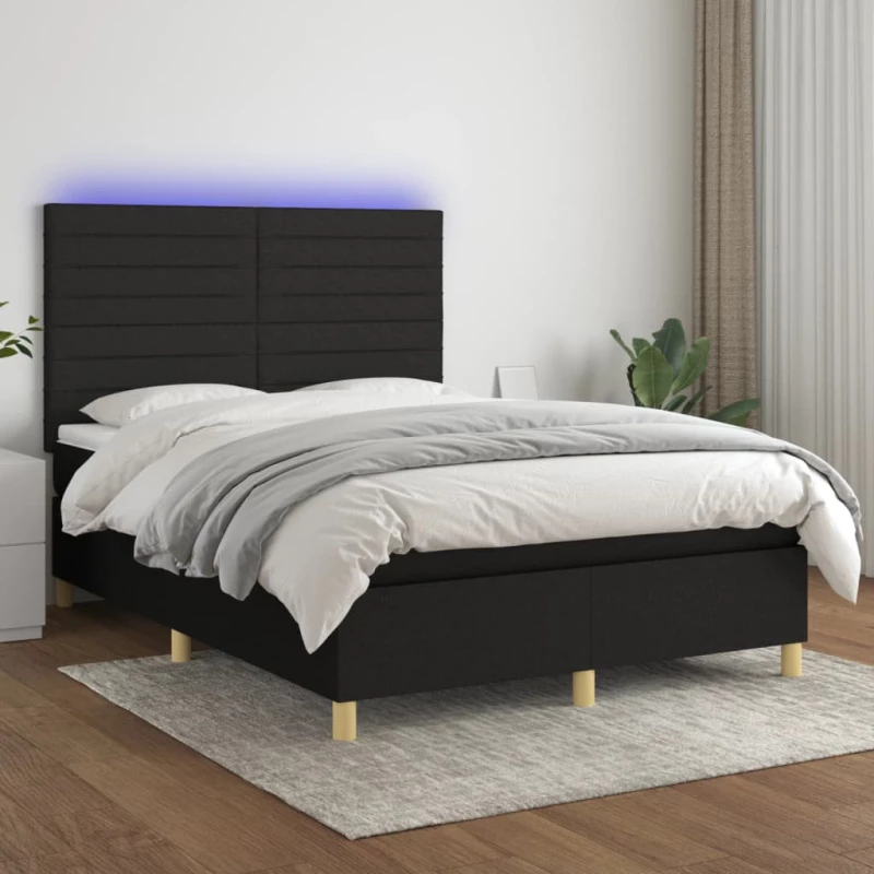 Κρεβάτι Boxspring με Στρώμα & LED Μαύρο 140x190 εκ. Υφασμάτινο Μαύρο 3135511