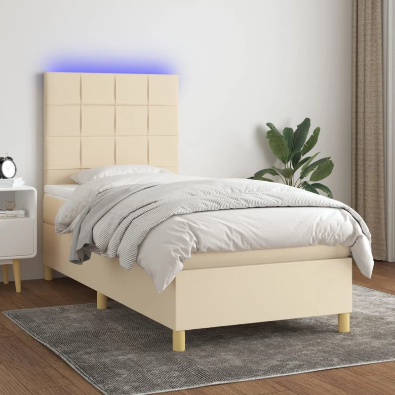 Κρεβάτι Boxspring με Στρώμα & LED Κρεμ 90x190 εκ. Υφασμάτινο Κρεμ 3135402