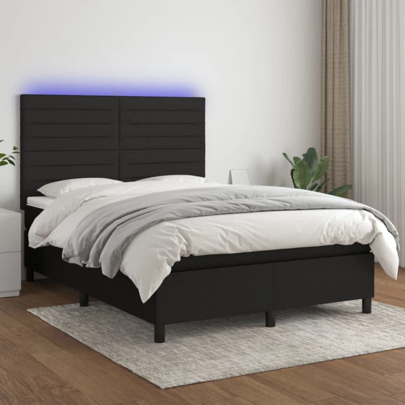 Κρεβάτι Boxspring με Στρώμα & LED Μαύρο 140x200 εκ. Υφασμάτινο Μαύρο 3134959