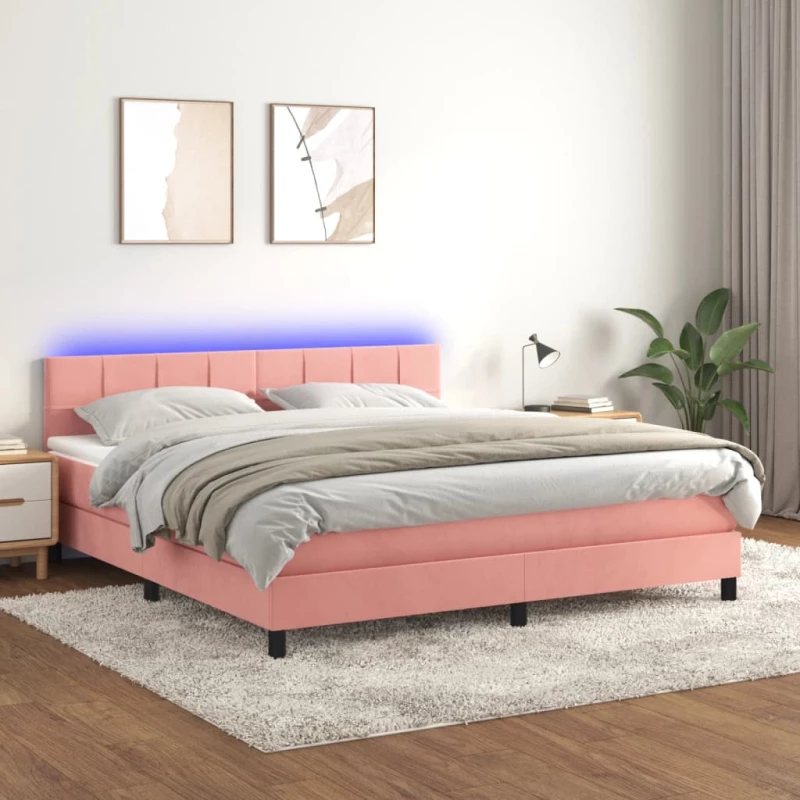 Κρεβάτι Boxspring με Στρώμα & LED Ροζ 160x200 εκ. Βελούδινο Ροζ 3134416
