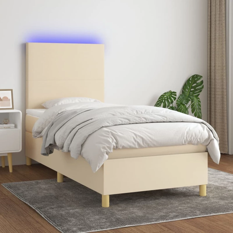 Κρεβάτι Boxspring με Στρώμα & LED Κρεμ 90x200 εκ. Υφασμάτινο Κρεμ 3135250