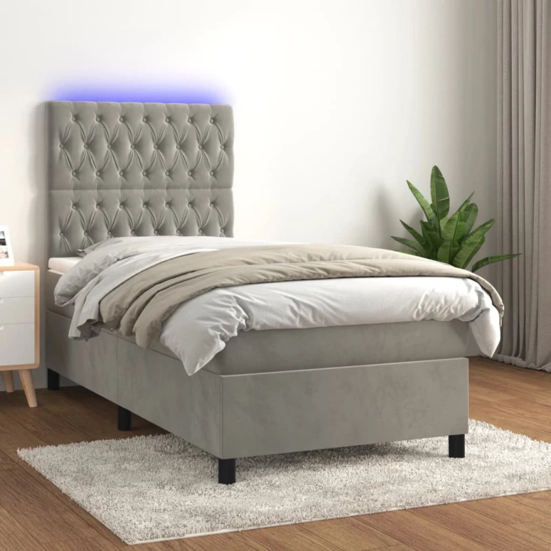 Κρεβάτι Boxspring με Στρώμα & LED Αν.Γκρι 90x200 εκ. Βελούδινο Γκρι 3136281