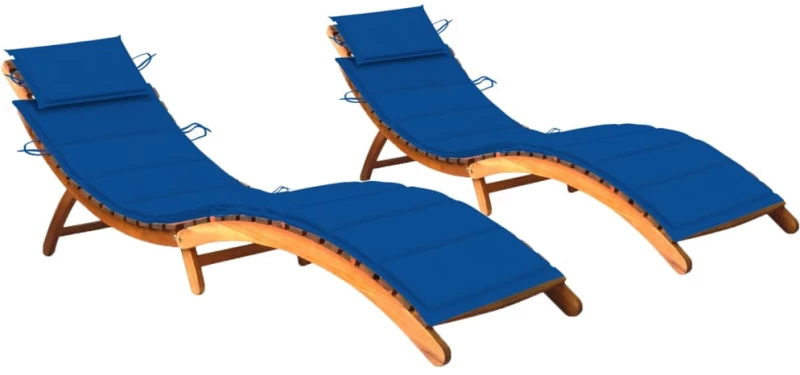 Ξαπλώστρες 2 τεμ. από Μασίφ Ξύλο Ακακίας με Μαξιλάρια Μπλε 3077371