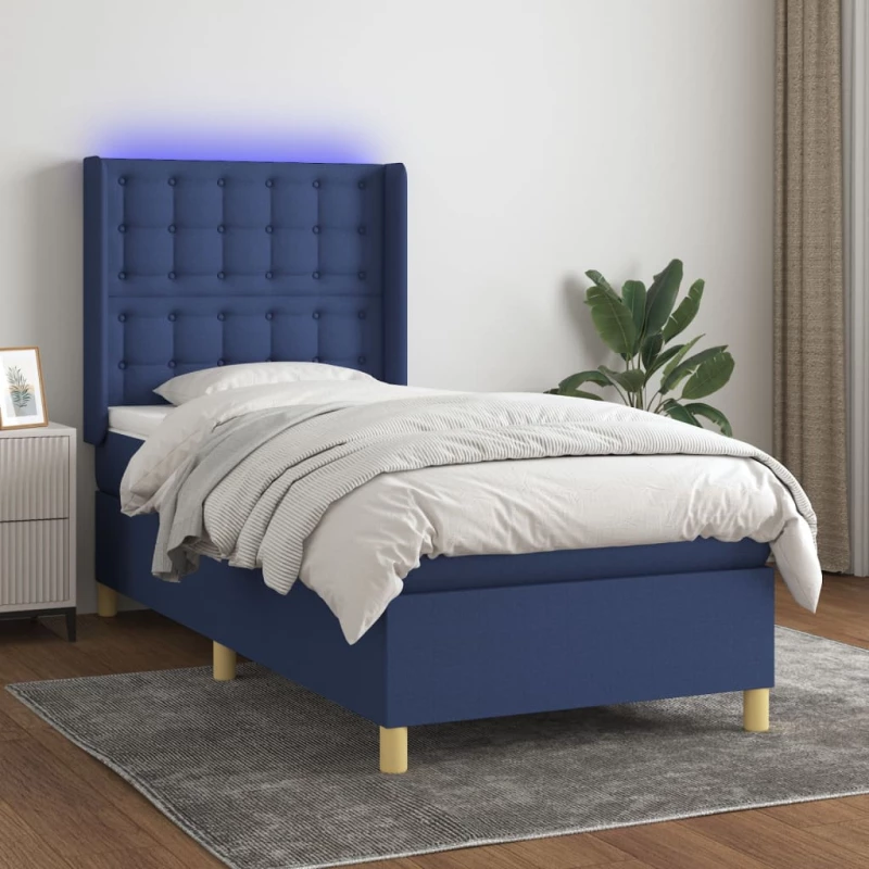 Κρεβάτι Boxspring με Στρώμα & LED Μπλε 90x190 εκ. Υφασμάτινο Μπλε 3139163