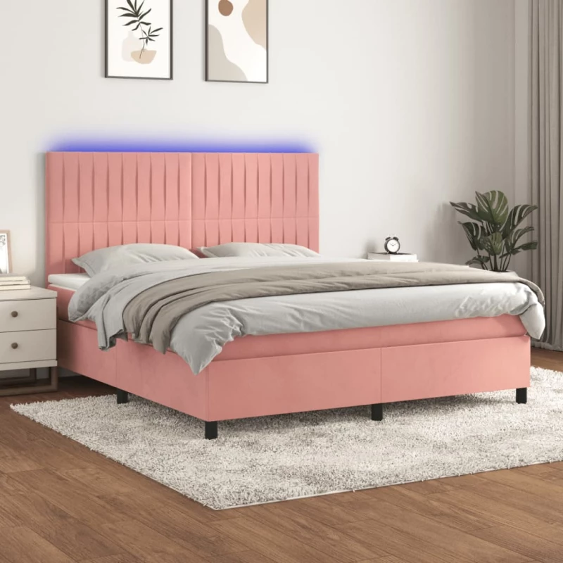 Κρεβάτι Boxspring με Στρώμα & LED Ροζ 160x200 εκ. Βελούδινο Ροζ 3136256